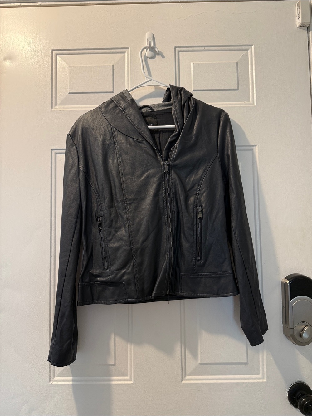 Forever 21 Black Faux Leather Hooded Jacket